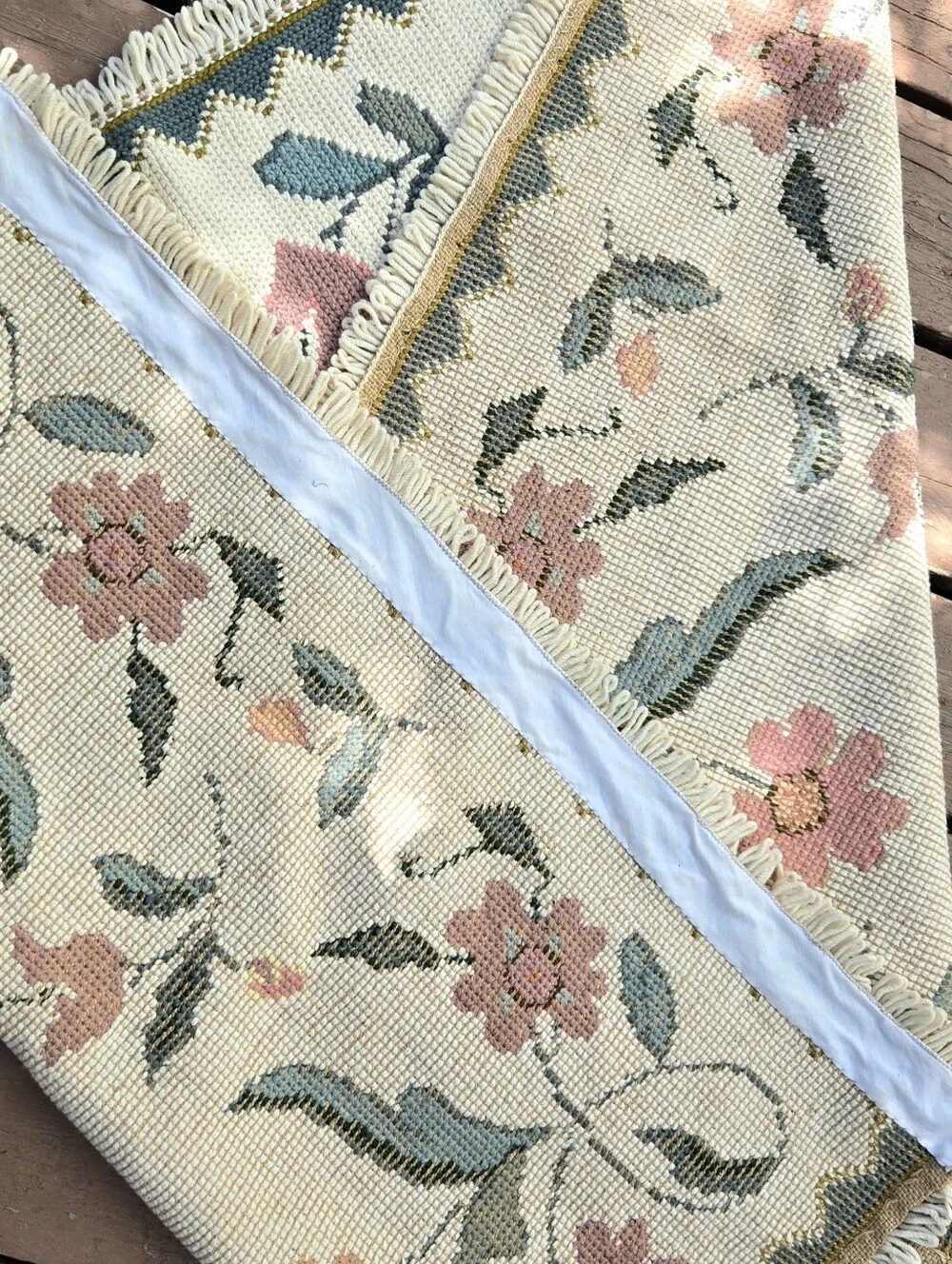 Handknitted Floral Tapestry Pink & Green Fringed Shabby Cottagecore Coquette